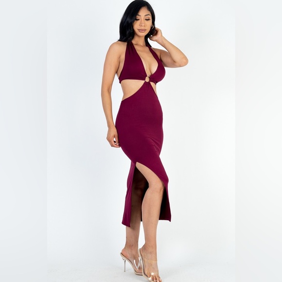 LAST ONE Sexy Burgundy Wine Front Cut Out Halter Neck Back Tie Midi Dress - Picture 3 of 5